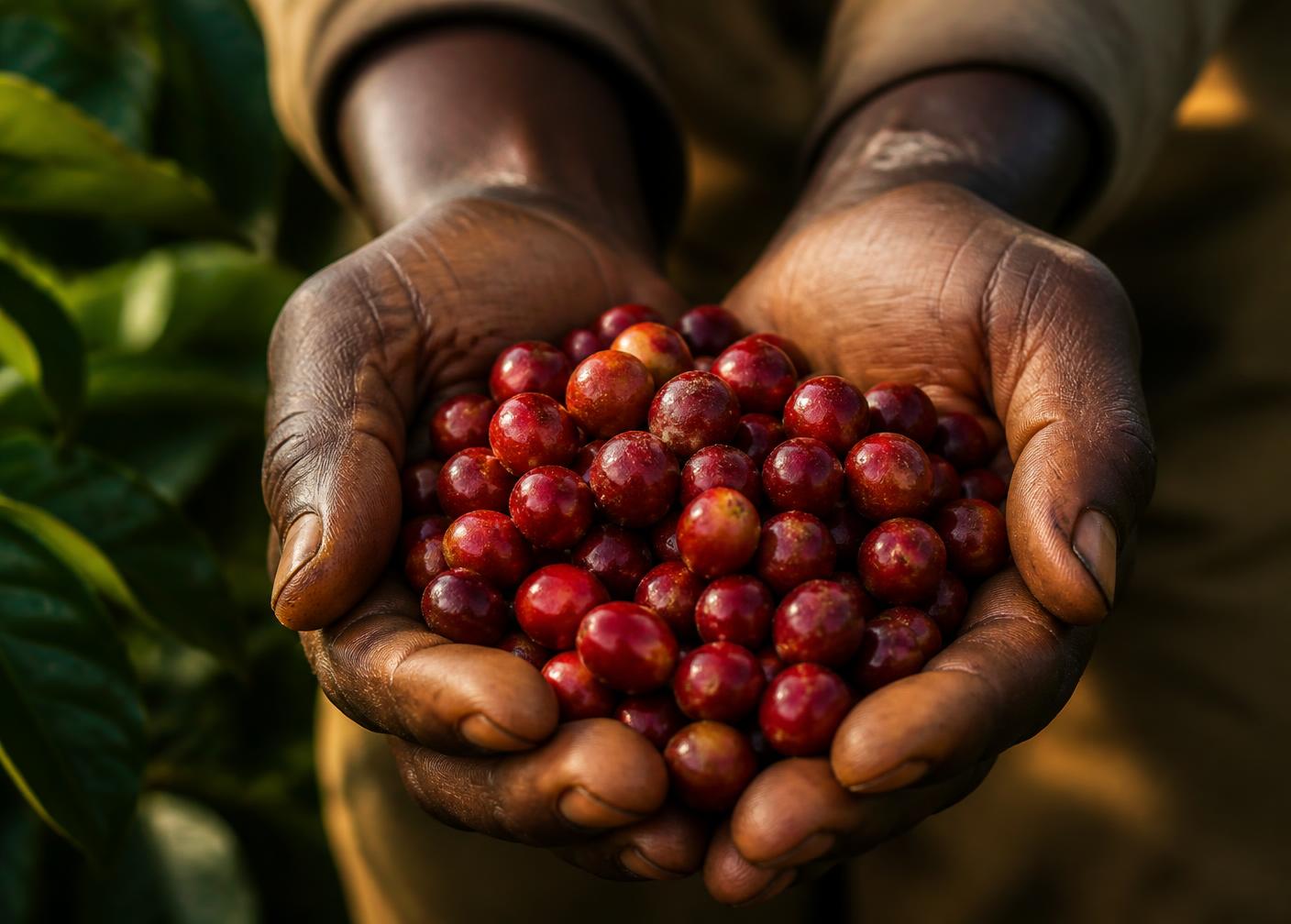 Black farmer's hands cupping ripe red coffee cherries in Inomo, Uganda